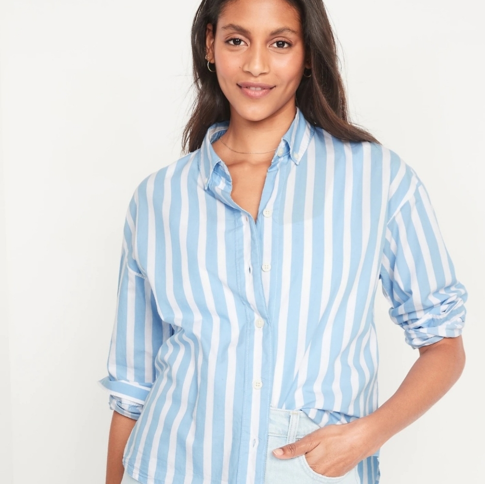 Old Navy Blue Chambray White Stripe Classic Relax Button down Shirt Larg…
